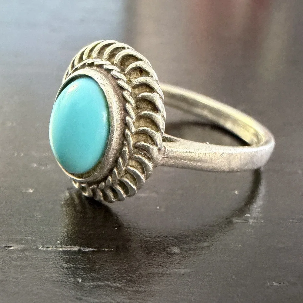 VTG Cellini Sterling Silver Turquoise Ring Size 6.75 Southwestern Boho Cabochon